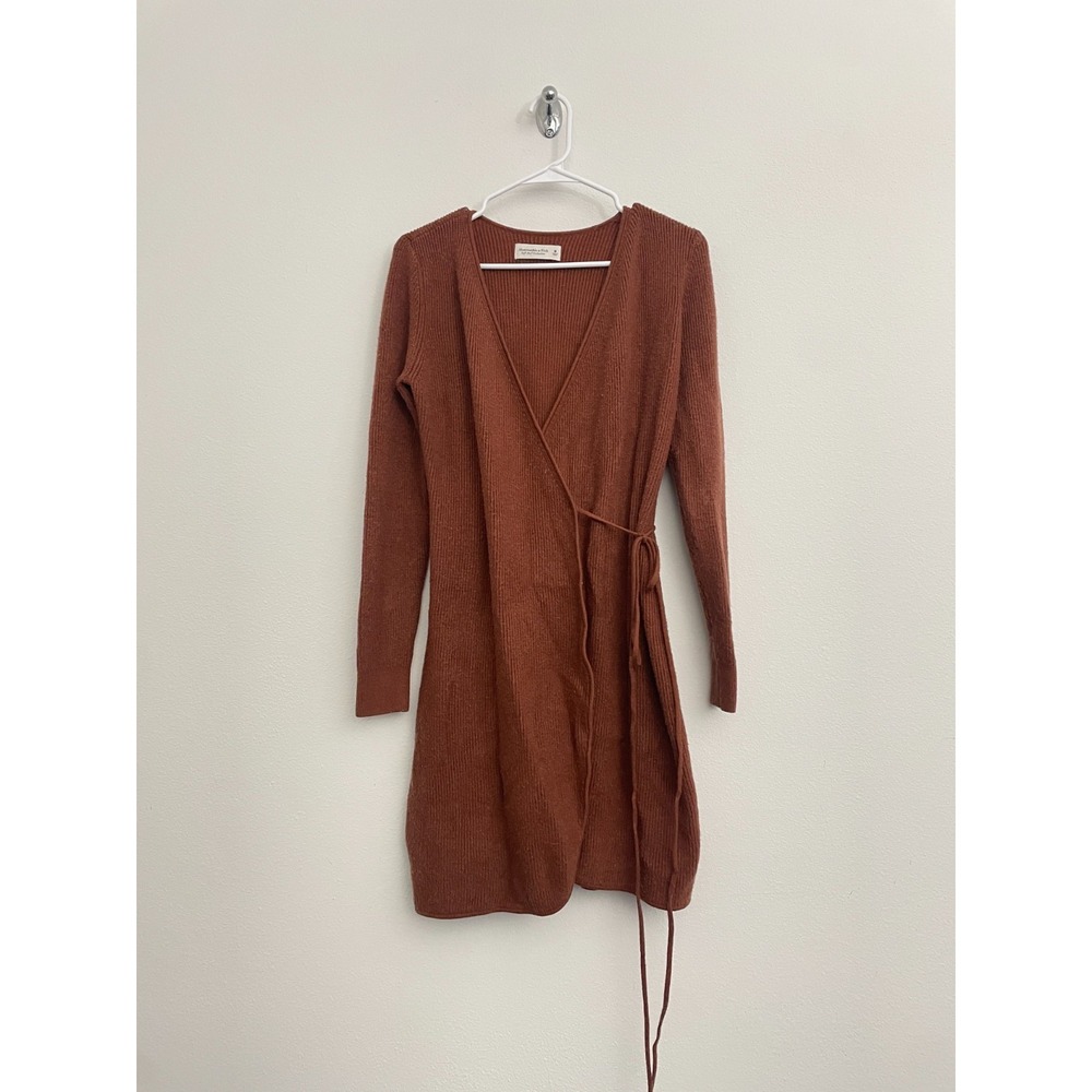 Abercrombie & Fitch Sweater Wrap Dress Women M Brown Mini Boho Shift Mini Puff